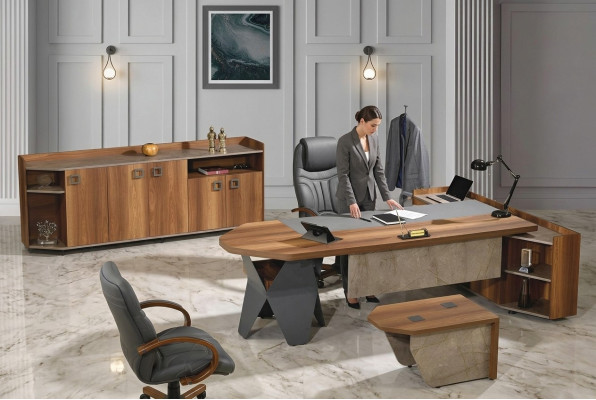 Complete office desk set 4-piece wood brown large chest of drawers