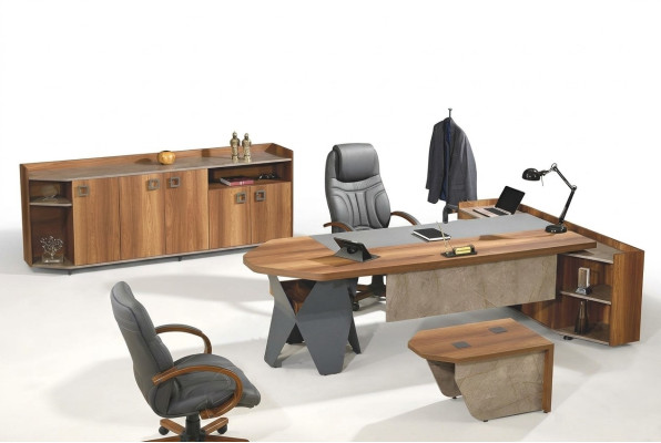 Complete office desk set 4-piece wood brown large chest of drawers