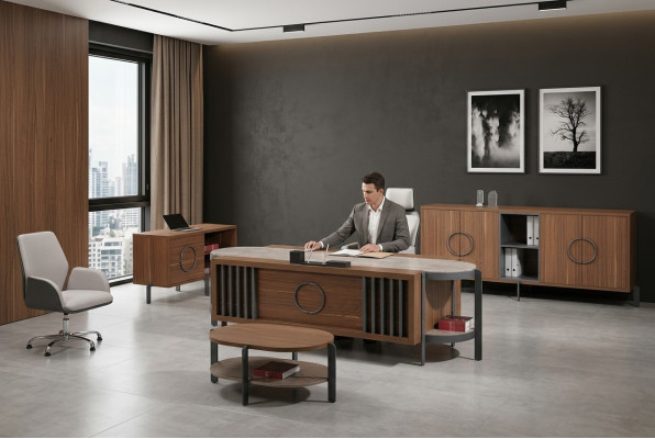 Office desk group office desk set 4-piece wood brown large dresser