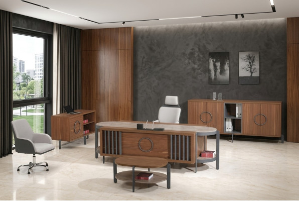 Office desk group office desk set 4-piece wood brown large dresser