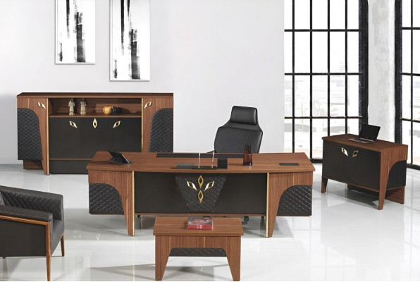 Complete Office Desk Office Table Set 4-Piece Wood Brown Luxury Large