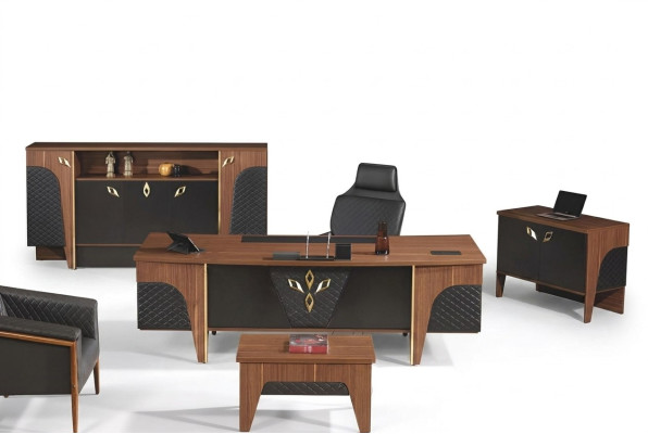 Complete Office Desk Office Table Set 4-Piece Wood Brown Luxury Large
