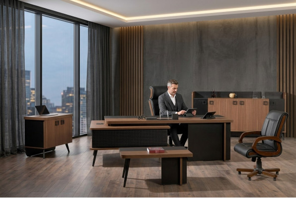 Complete office office furniture desk office office table set 4-piece wood brown