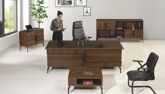 Office Furniture Complete Office Desk Office Office Table Set 4-piece Wood Brown