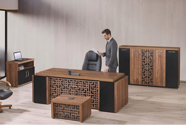 Office furniture study desk office table set 4-piece wood brown