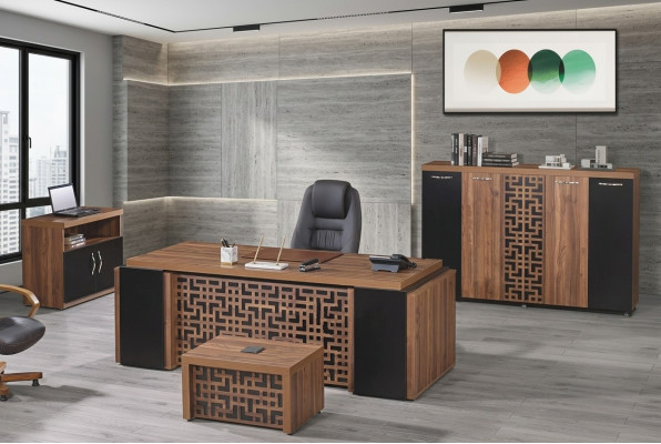 Office furniture study desk office table set 4-piece wood brown