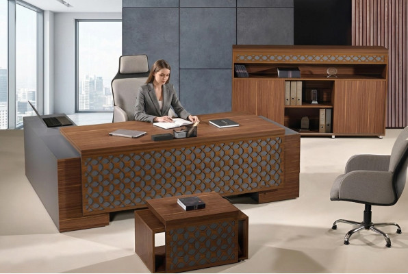 Corner office desk complete office desk set 3-piece wood brown office furniture