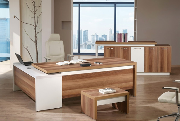 Corner office desk complete office desk set 3-piece wood office furniture brown