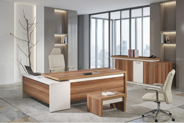 Complete office furniture corner desk 3-piece wood brown office furniture