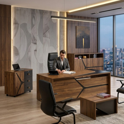 Office furniture desk complete 4-piece wood brown office furniture