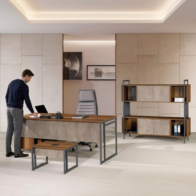 Corner office desk complete office desk set 3-piece wooden office furniture brown