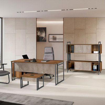 Corner office desk complete office desk set 3-piece wooden office furniture brown