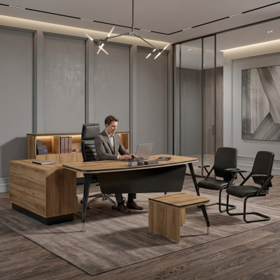 Classic Corner Office Desk Complete Office Furniture Brown 3-piece Wood