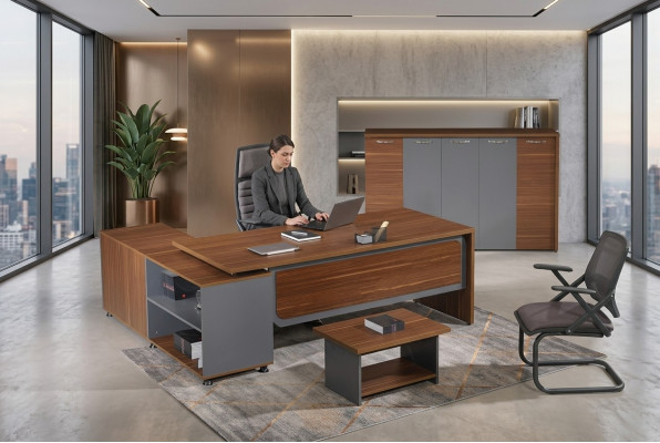 Group Corner Office Desk Complete Office Desk Set 3-piece Wood Office Furniture Brown