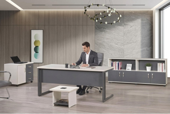 Computer furniture workstation office furniture desk 4-piece wood set gray