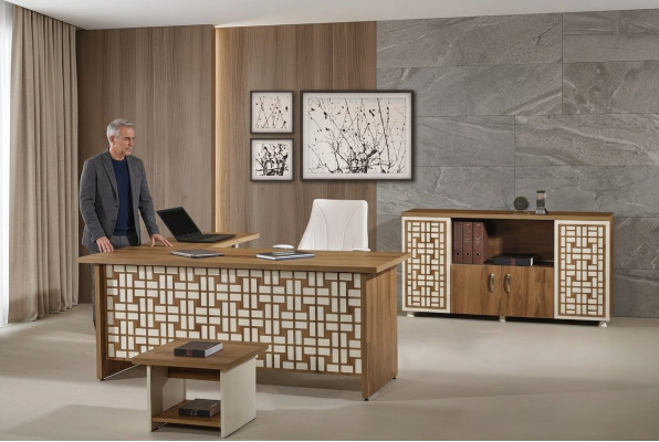 Group office corner desk study room furniture cabinet 3-piece wood brown