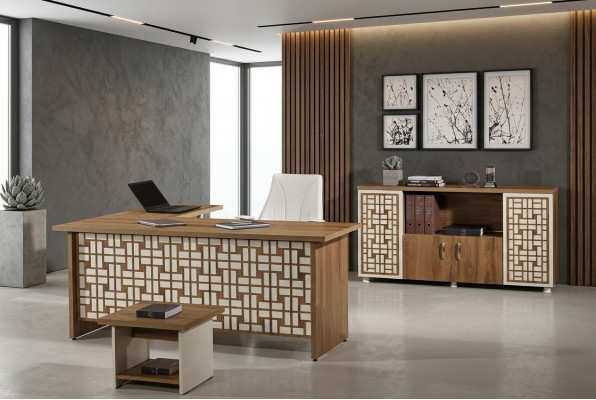 Group office corner desk study room furniture cabinet 3-piece wood brown