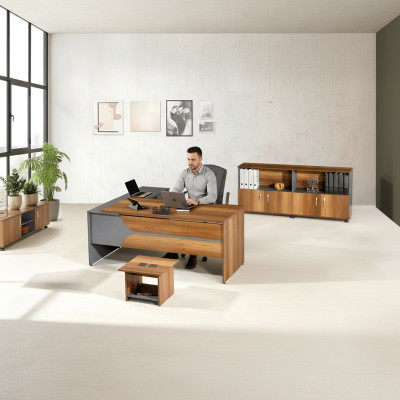 Office Furniture Gray Set 3-Piece Corner Desk Complete Office Cabinet Wood Group