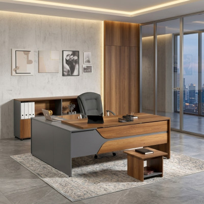 Office Furniture Gray Set 3-Piece Corner Desk Complete Office Cabinet Wood Group