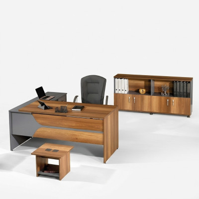 Office Furniture Gray Set 3-Piece Corner Desk Complete Office Cabinet Wood Group