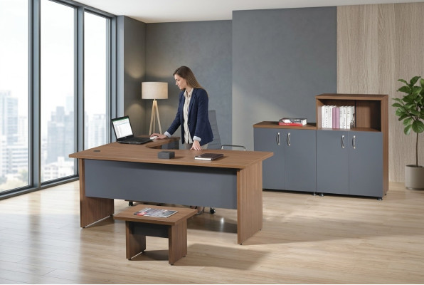 Complete office corner desk office furniture 4-piece wood set gray computer furniture
