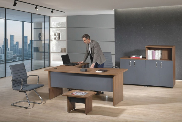 Group office corner desk study furniture cabinet 4-piece wood gray