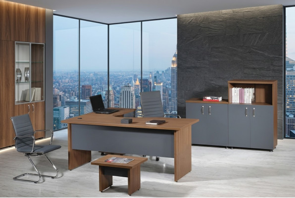 Office suite corner desk study room furniture cabinet 4-piece wood gray