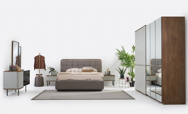 Modern bedroom set 7-piece double bed complete brown wood bed