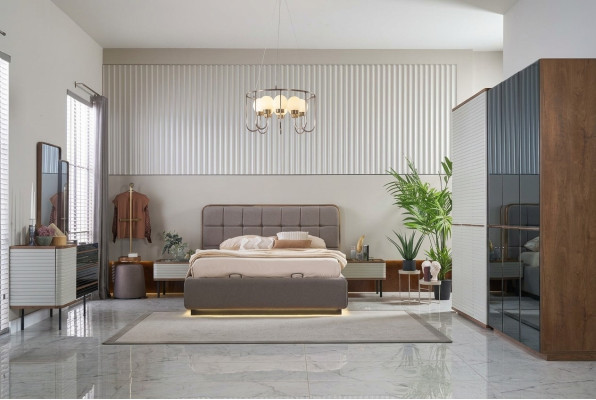 Bedroom set bed 5-piece double bed brown wood bed frame