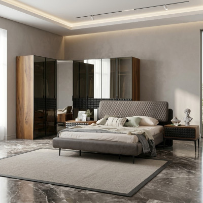 Bed Design Bedroom Double Bed Brown Wood Bed Frame Set 4-piece
