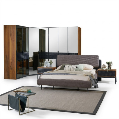 Bed Design Bedroom Double Bed Brown Wood Bed Frame Set 4-piece