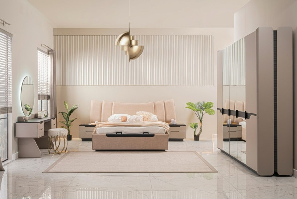 Complete bedroom double bed modern beige bed set 6-piece wardrobe