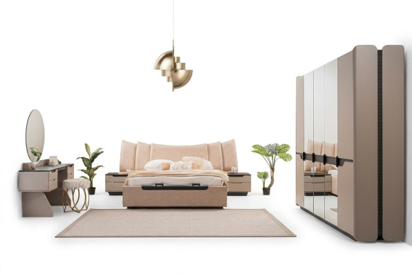 Complete bedroom double bed modern beige bed set 6-piece wardrobe
