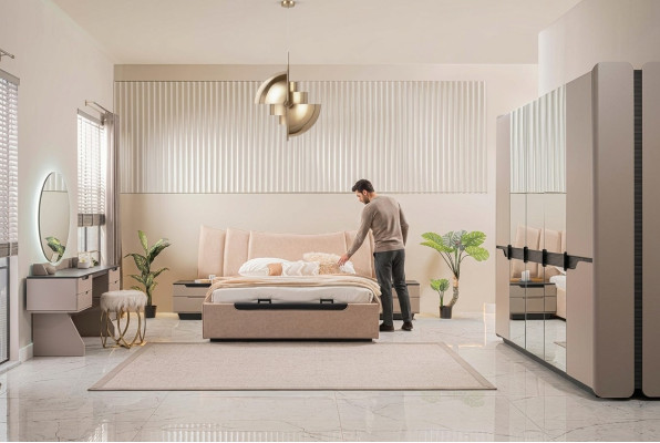 Double bed complete bed bedroom modern beige set 6-piece wardrobe