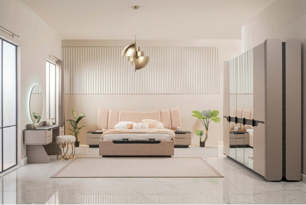 Double bed complete bed bedroom modern beige set 6-piece wardrobe