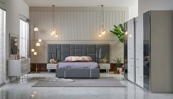 Bed frame bedroom double bed gray wood set 6-piece wardrobe