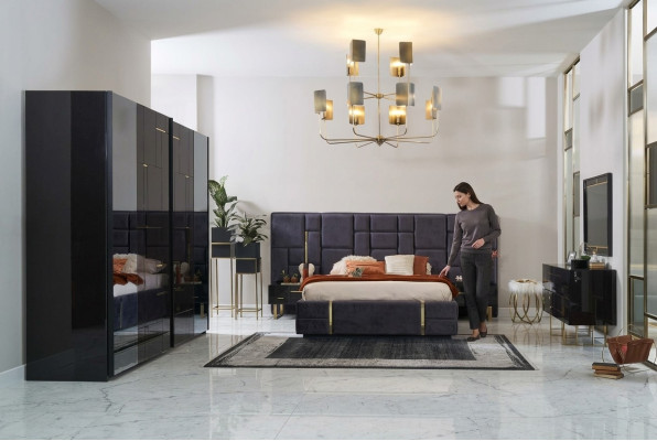 Luxury Double Bed Frame Bedroom Wood Set 6-piece Black Design