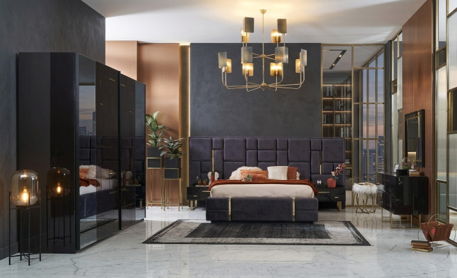 Luxury Double Bed Frame Bedroom Wood Set 6-piece Black Design