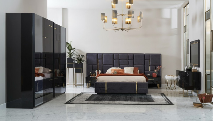 Luxury Double Bed Frame Bedroom Wood Set 6-piece Black Design