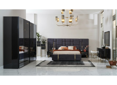 Luxury Double Bed Frame Bedroom Wood Set 6-piece Black Design
