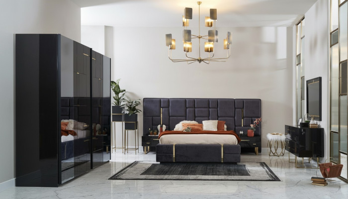 Design double bed frame luxury bedroom wood set 6-piece black