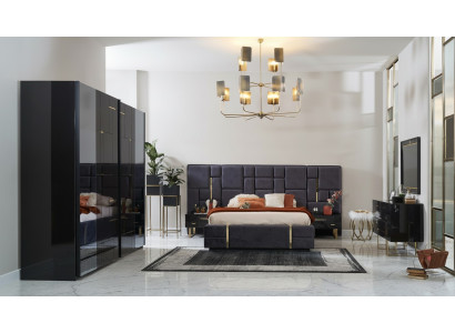 Design double bed frame luxury bedroom wood set 6-piece black
