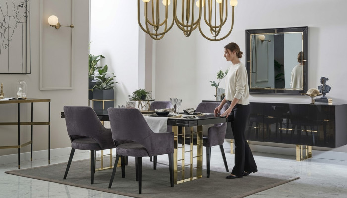 Luxury Dining Area Dining Room Dining Group Dining Room Furniture Set 9-piece Wood Black