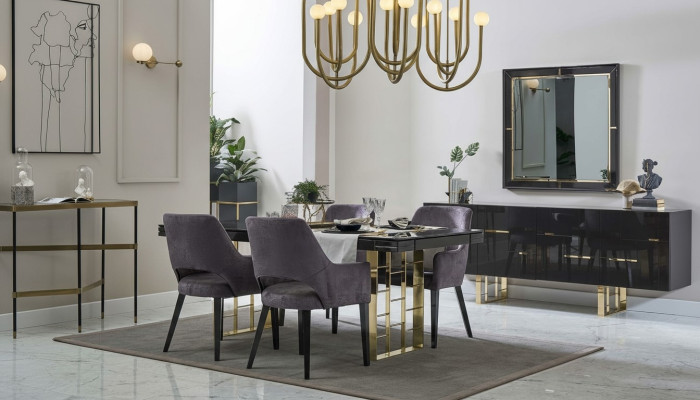 Luxury Dining Area Dining Room Dining Group Dining Room Furniture Set 9-piece Wood Black