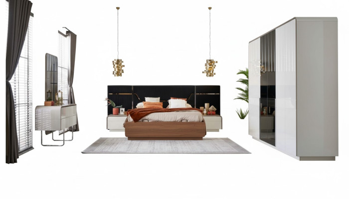 Bedroom Luxury Double Bed Frame Wood Set 6-piece Blue Design