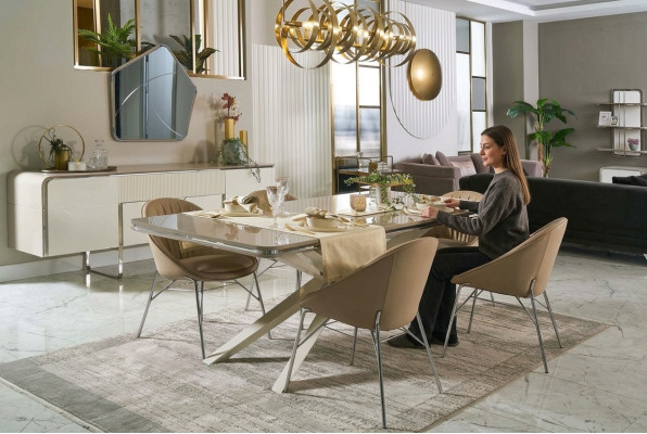 Dining group dining room furniture wood dining table dining nook beige dining room 9-piece set