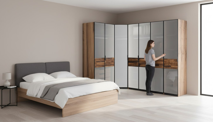 Corner wardrobe bedroom wardrobe closet wood brown mirror large