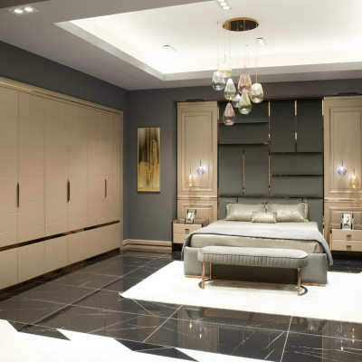 Group bedroom furniture double bed bed beige modern set 5-piece wood