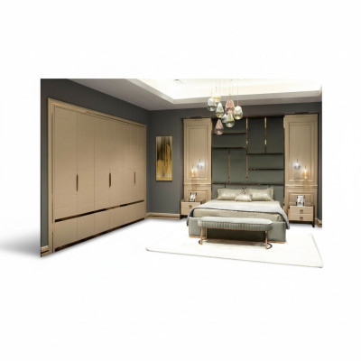 Group bedroom furniture double bed bed beige modern set 5-piece wood