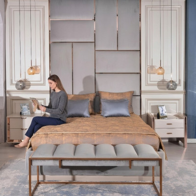Luxury Bedroom Suite Double Bed Bedside Tables Set 5-piece Beige
